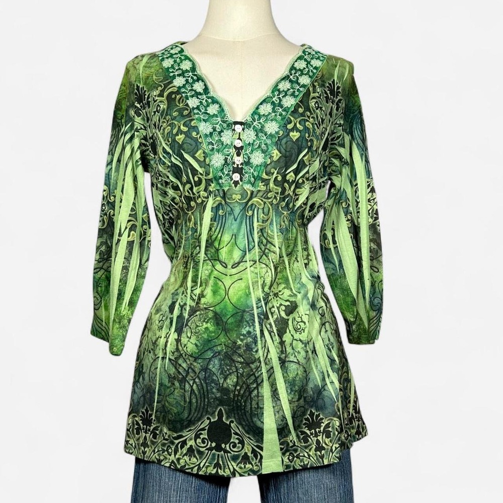 Y2K Live Let Live 3/4 Sleeve Babydoll Top Womens M Goblincore Fairy Grunge